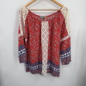 Figueroa & Flower Shirt Womens L Red Blue Boho Lace 3/4 Sleeve Peasant Casual